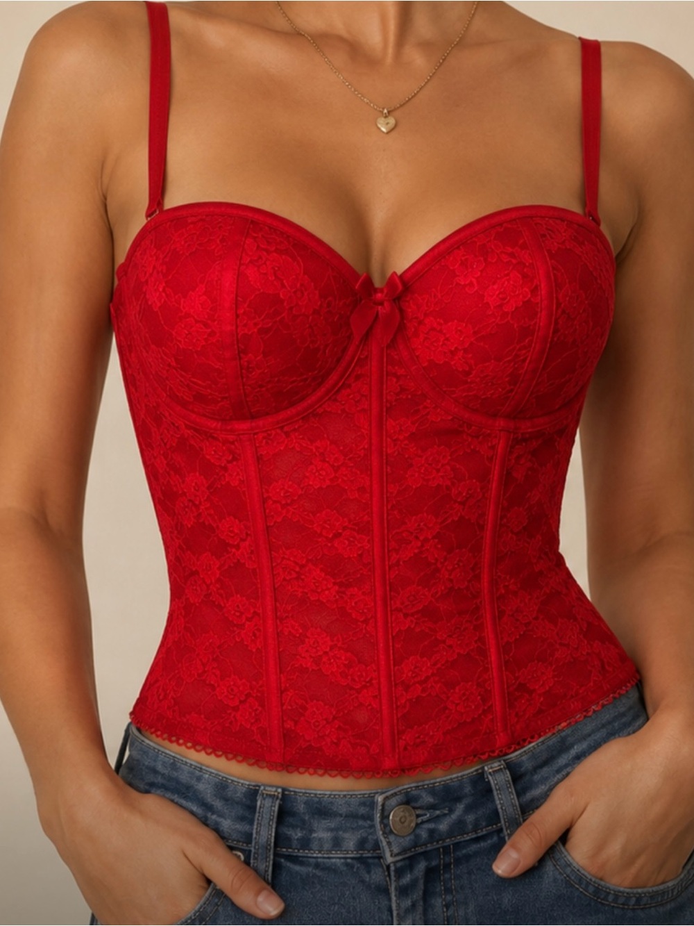 Victoria’s Secret Red Lace Bustier Corset Top - Women Intimates - 34C